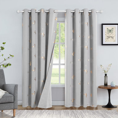 Panneaux de rideaux occultants Butterfly Grey de 84 po de longueur, 2 panneaux, drapé à motif floral doré 90%, rideaux obscurcissant avec œillets, gris