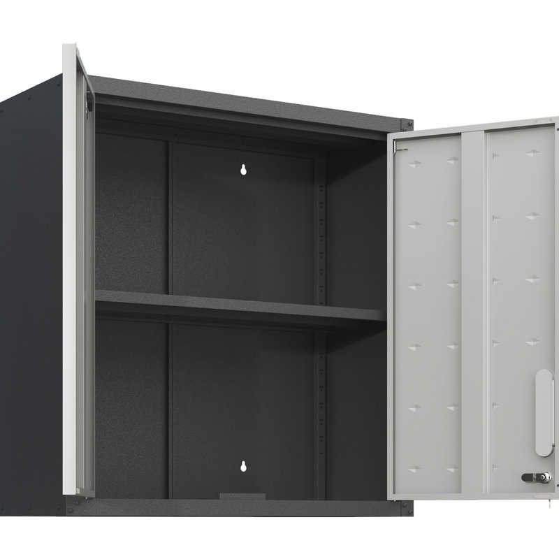 Armoire murale noire et grise en métal avec serrure et tablette réglable