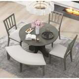 TREXM 5-piece Rustic Charm Round Dining Set with 3 Upholstered Chairs and Curved Bench