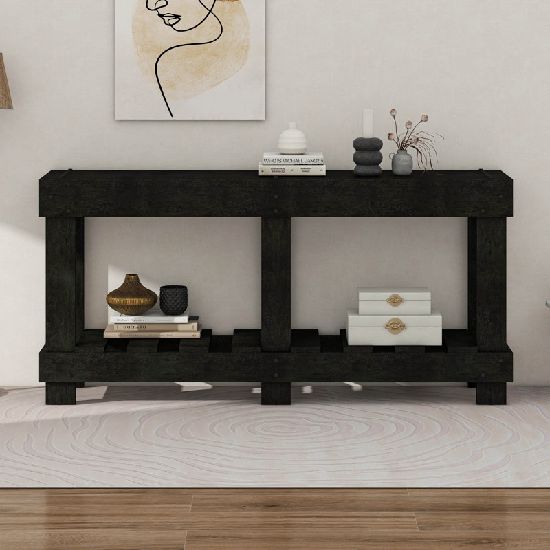 Table d'entrée Vintage - Bois de sapin massif avec grain naturel, rivet en métal et planche, Noir