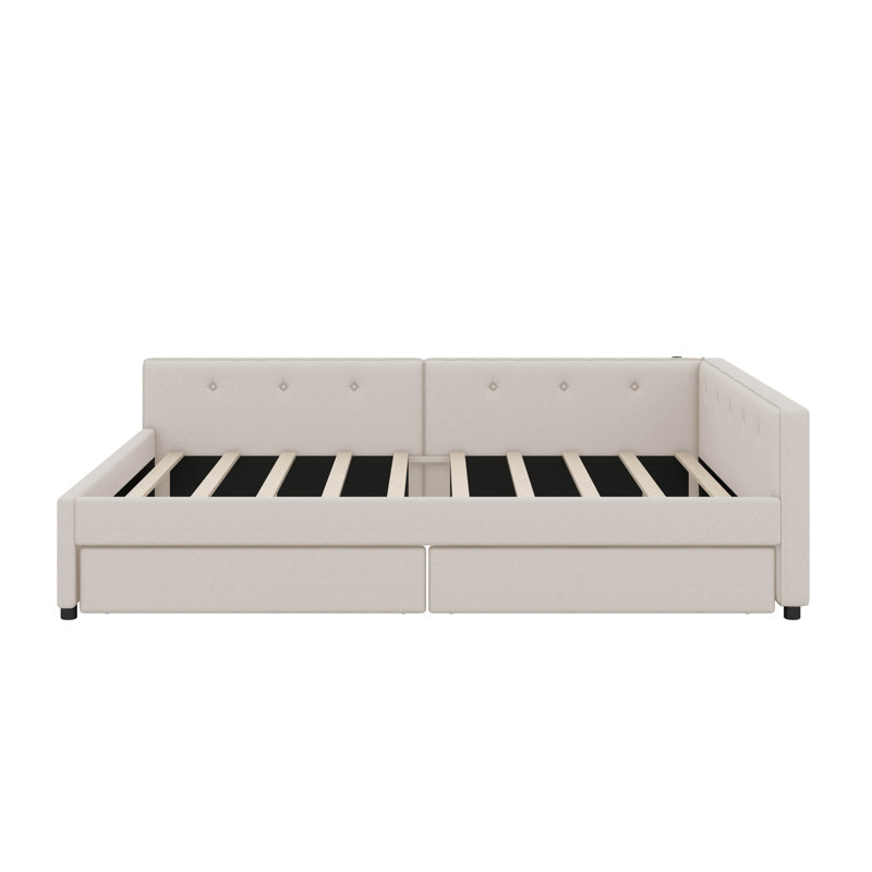 Full Size Upholstered Platform Bed With USB And 2 Drawers