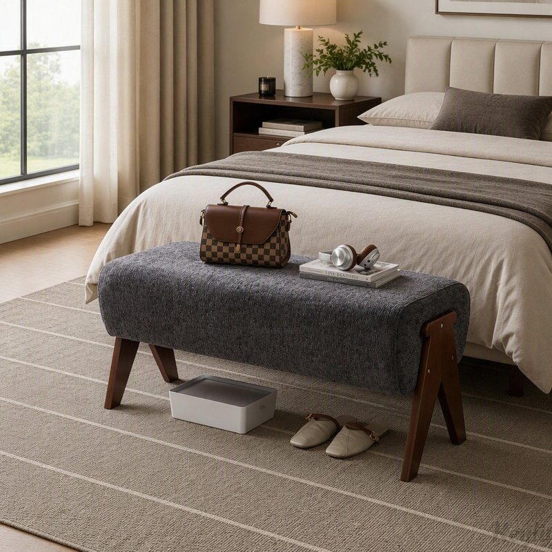 Banc rembourré en chenille avec pieds en bois massif, Grey, Grey