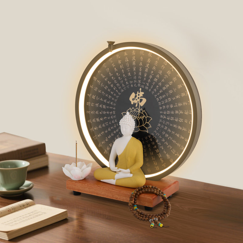 Statue de Bouddha en céramique avec lampe DEL circulaire pour la décoration intérieure, Jaune