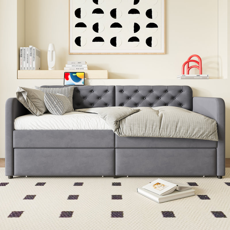 Twin Size Boucle Upholstered Bed Frame with Headboard, 2 USB Charging Ports & 2 Storage Drawers, Solid Wood Slats, No Box Spring Needed, Grey