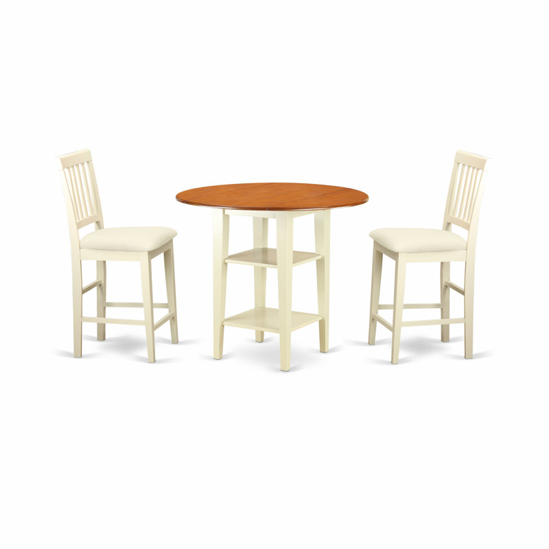 Ensemble de comptoir 3 pièces pour petits espaces comprenant une table ronde avec Dropleaf et des tablettes et 2 chaises en tissu de lin, babeurre et cerise