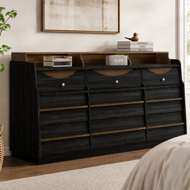 Commode 9 tiroirs Mid-Century avec éclairage DEL et tablettes de rangement, Black