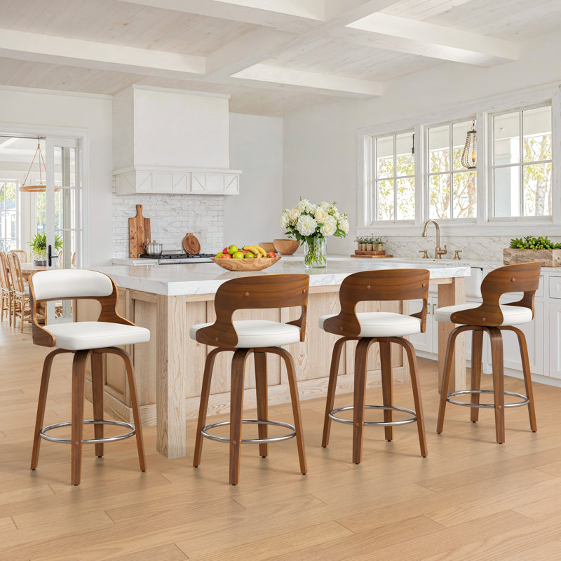 26'' Swivel Upholstered Counter Stools with solid wood leg, White Seat/Walnut Frame