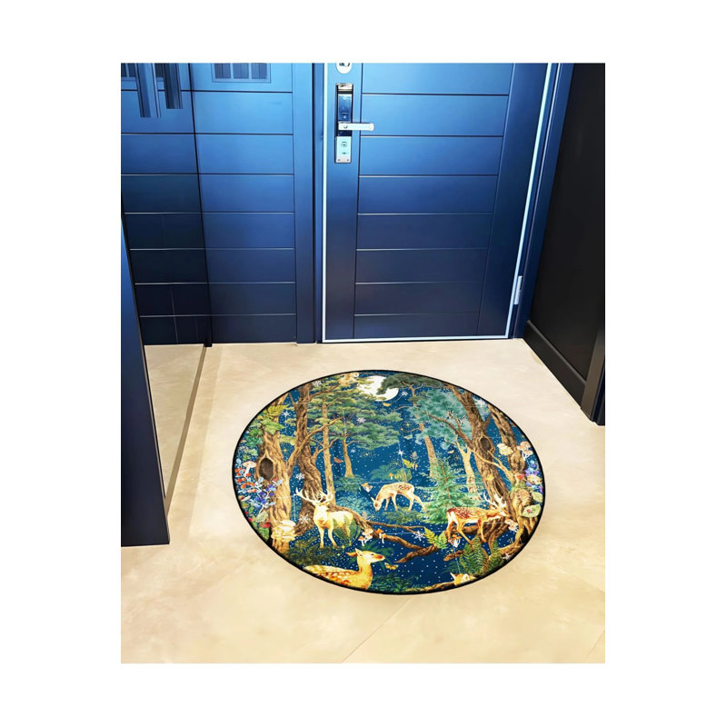 Tapis décoratif rétro à motif de forêt et de cerf sur le thème de la forêt, Rond 2 pi 8 po