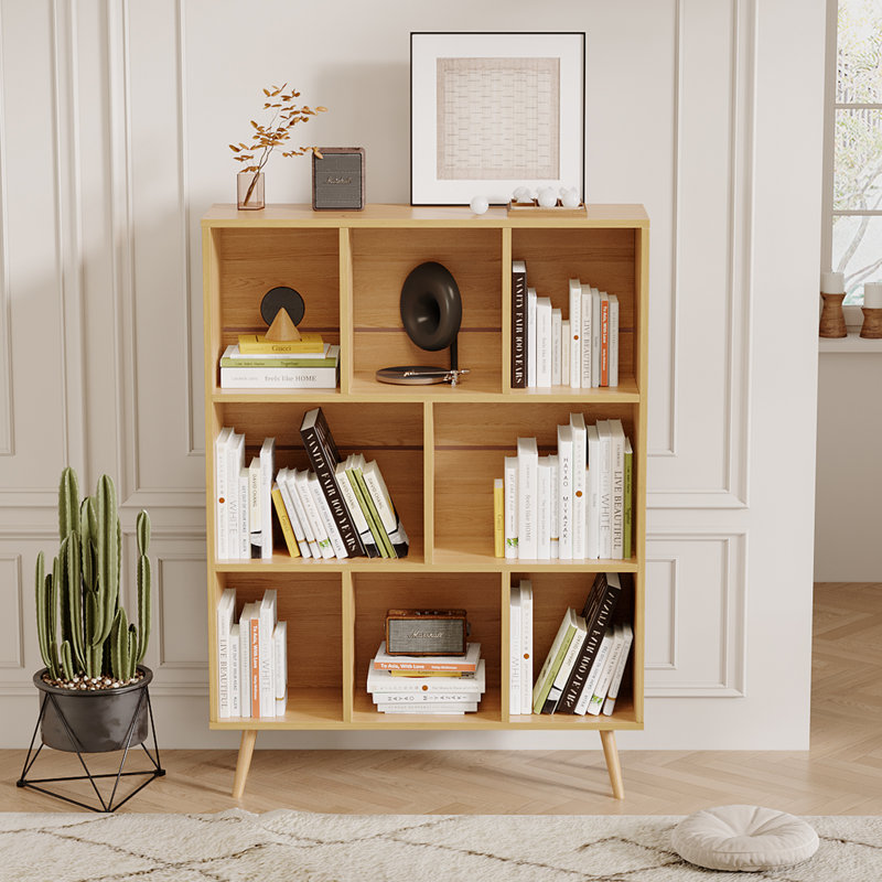 31.5" Bookcase Sideboard Storage Shelf 3-Shelf 8-Module with 4 Solid Wood Legs, Natural
