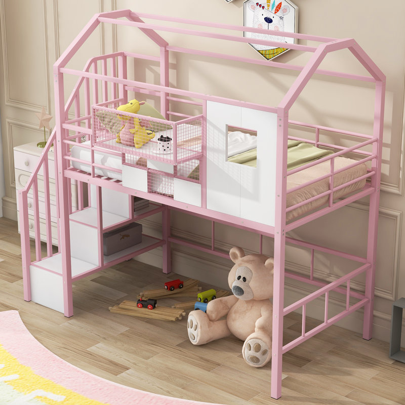 Lit mezzanine en métal avec toit et boîte de rangement, simple, rose
