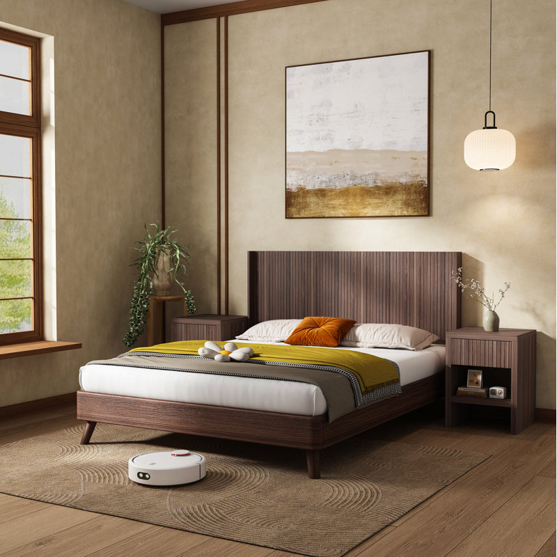 Modern Farmhouse Wood Headboard Wall Mounted Fluted Panel Wingback, Walnut Brown, King