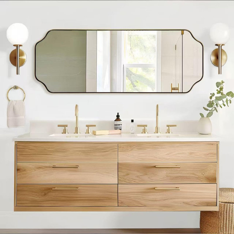 Modern Scalloped Corner Rectangle Bathroom Vanity Mirror | Stainless Steel Frame, Brushed Gold, 48" x 18"
