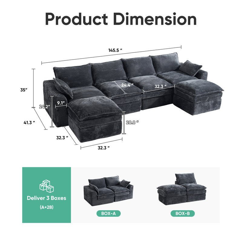 Modular Sofa Set: Extra-large U-shaped Frameless Sofa With Footstool, No Assembly Required, Gray Corduroy