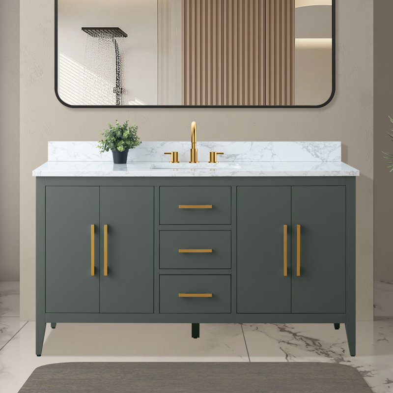 Meuble-lavabo simple 60 po avec plateau en marbre Chambery, Vert rétro, Doré brossé