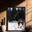 Art mural rétro noir encadré cerf dans la neige, impressions de style rétro-408420425