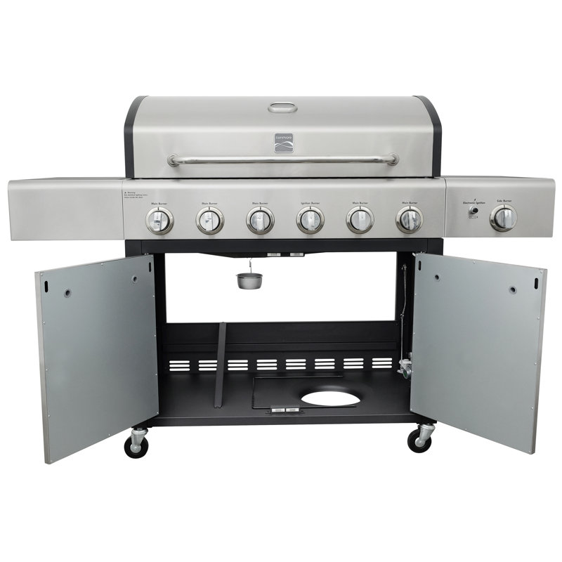 Barbecue autoportant au propane liquide à 7 brûleurs de 73 000 BTU avec brûleur latéral et armoire Kenmore, Acier Inoxydable