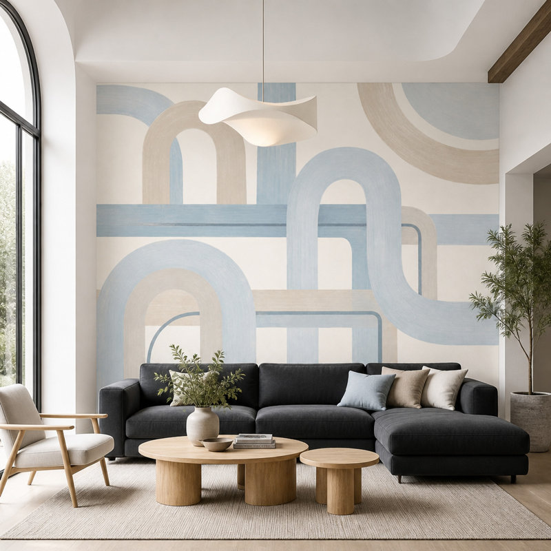 Papier peint géométrique amovible bleu pastel, 100"x96", Peler et coller