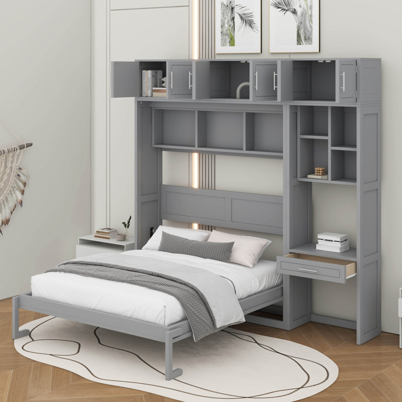 Queen Size Wall Murphy Bed With Desk, Grey, Queen