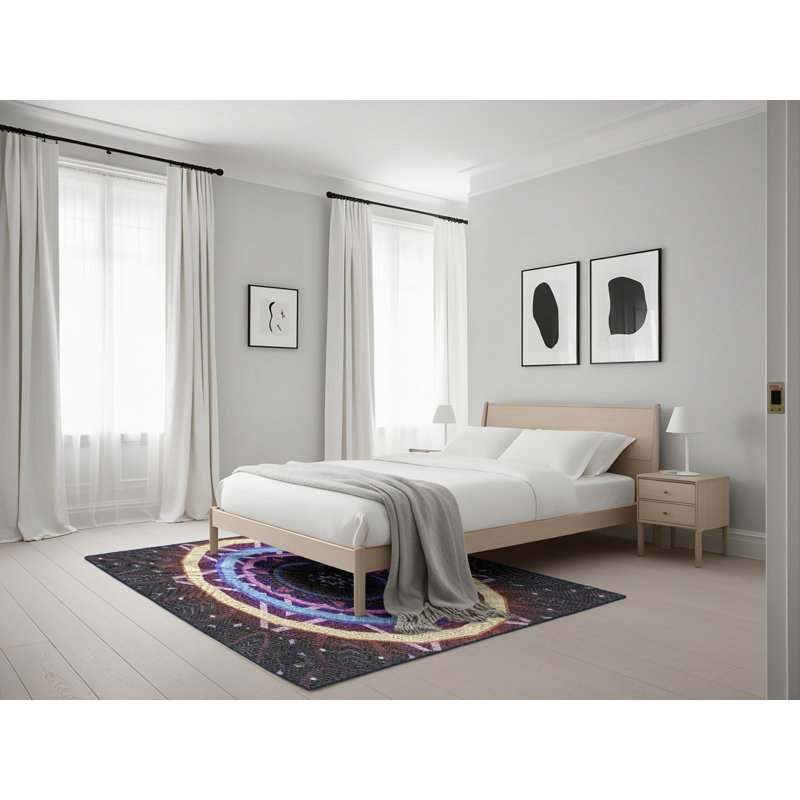 Tapis noir / bleu / beige en laine et polyester tissé à la machine Machiine, Rectangle 5 pi x 7 pi