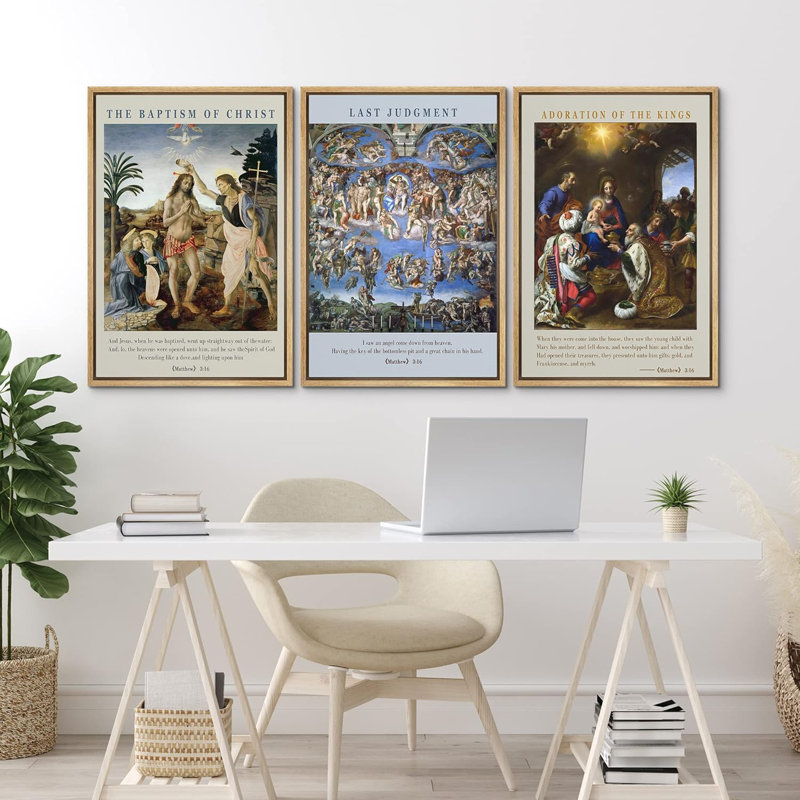 3 œuvres d'art religieuse et religieuse, baptême du Christ, art chrétien de la Renaissance italienne, Naturel