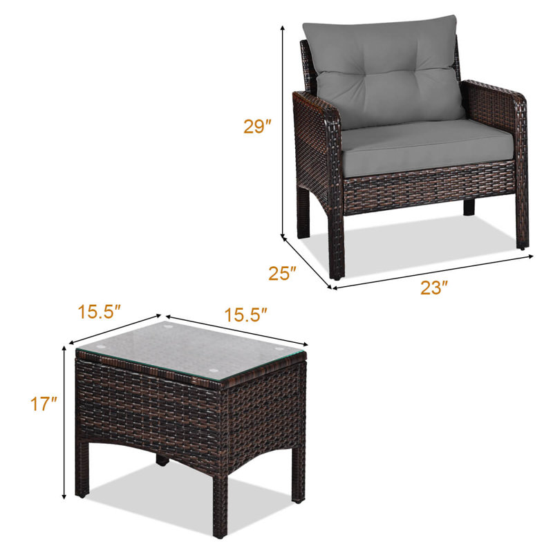 3 PCS Patio PE Wicker Furniture Set with Cushions and Tempered Glass Coffee Table Gray, Gray
