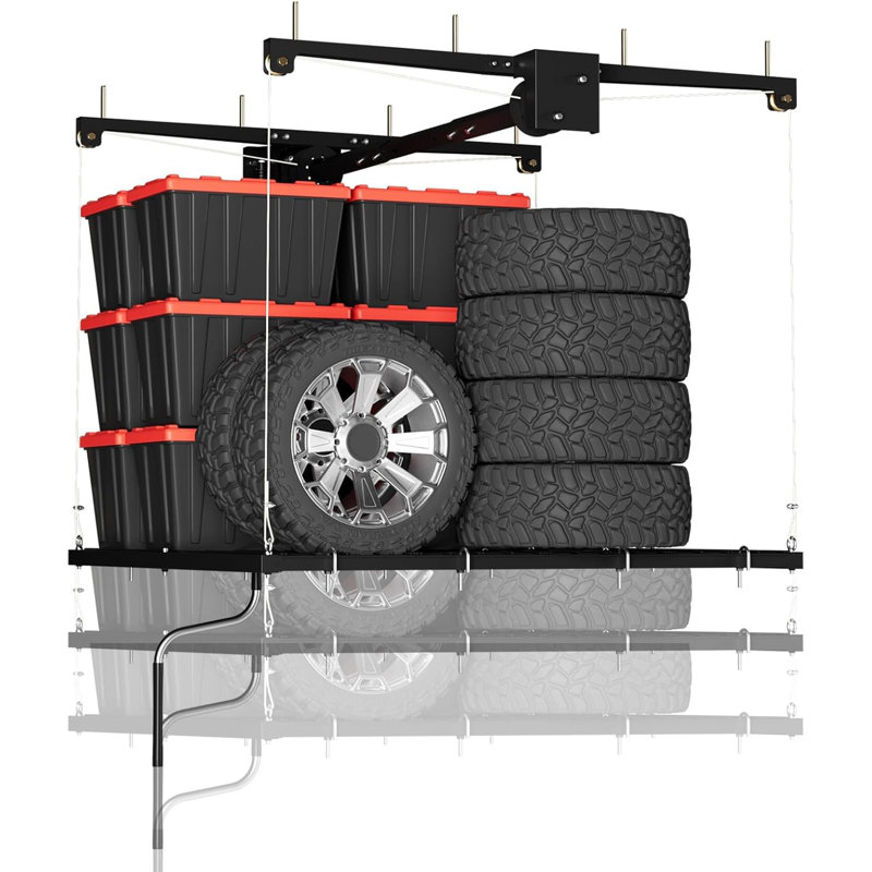 Support de rangement pour garage 4 pi x 4 pi, système de rangement de plafond robuste avec manivelle, capacité de levage de 350 lb, organisateur en métal réglable