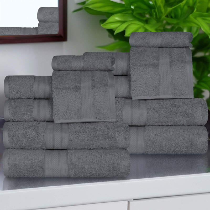 Atlas Cotton Plush Soft Highly-Absorbent Heavyweight Luxury 12 Piece Assorted Towel Set, Gray