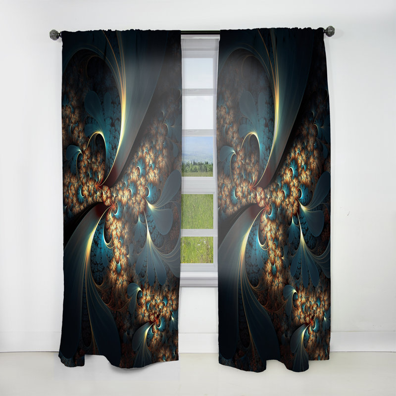 Carovella - Gold And Blue Fractal Reverberations V - Modern Velvet Curtain - Room Darkening - 1 panel, 52" W x 63" L