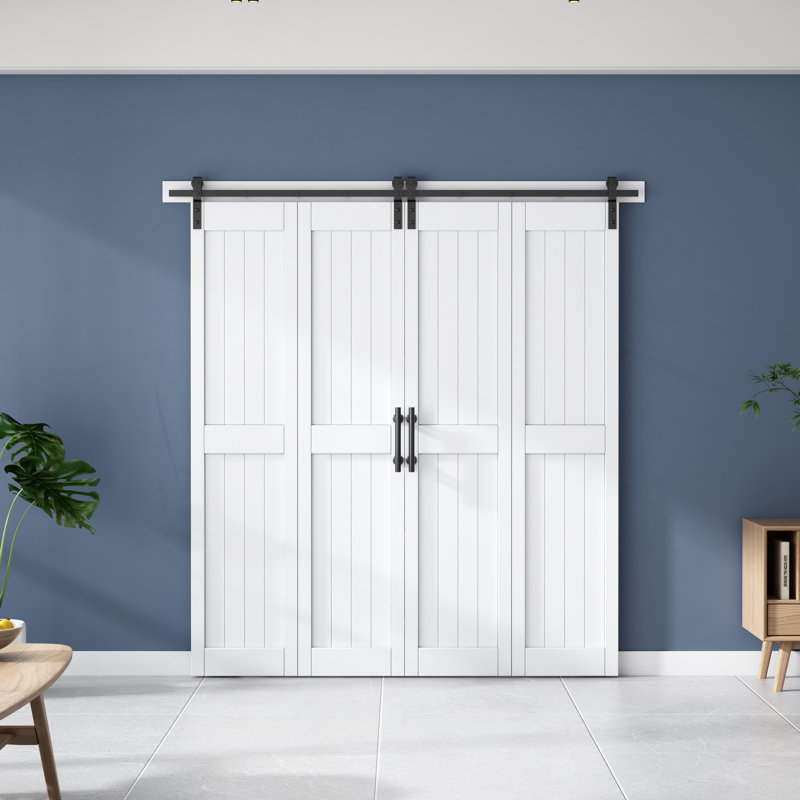 Porte de grange pliante en panneau de fibres à densité moyenne H 84 po avec quincaillerie assemblée, recouverte d'une surface en PVC