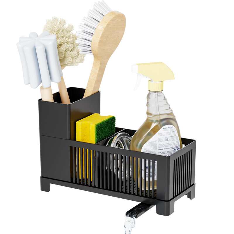 Organisateur d'évier et porte-évier de cuisine, porte-éponge noir avec porte-brosse à récurage élevé, égouttoir à éponge polyvalent