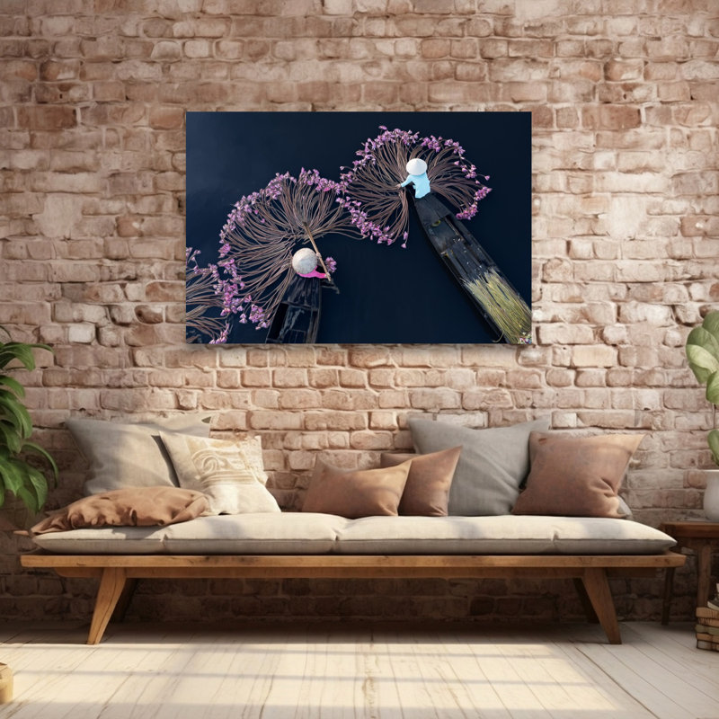 Art floral mural mauve, lis d'eau paisible, lotus traditionnel, H 16 po x l 24 po
