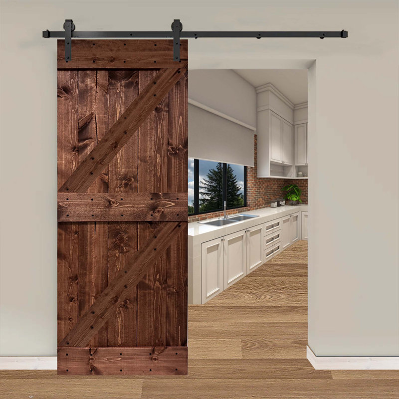 Porte de grange coulissante en bois de pin avec trousse de quincaillerie d'installation, Noyer foncé, 36 po x 84 po