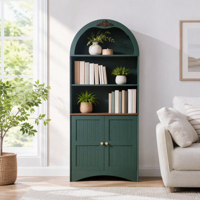 Arched Storage Cabinet with Decorative Applique, MDF Anti-Scratch Surface Sideboard, Adjustable Shelves & Hinges, Anti-Tip Strap, Freestanding Storage Bookcase Wine Cabinet for Dining Living Room