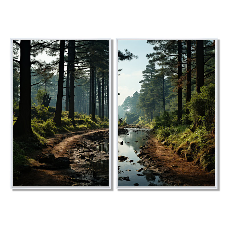 Enchanted Pine Tree Forest - impressions florales de pin sur toile, 36" H x 48" W, Impression encadrée flottante, White