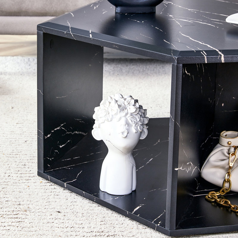 Table basse hexagonale en panneau de fibres à densité moyenne, autocollants à motifs caractéristiques, Noir