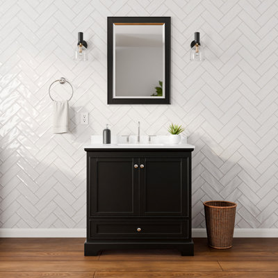 Ensemble de meuble-lavabo simple 36 po Deborah en espresso foncé, comptoir en marbre de culture blanc, lavabo carré encastré (3 trous), garniture en chrome poli, miroir de 24 po