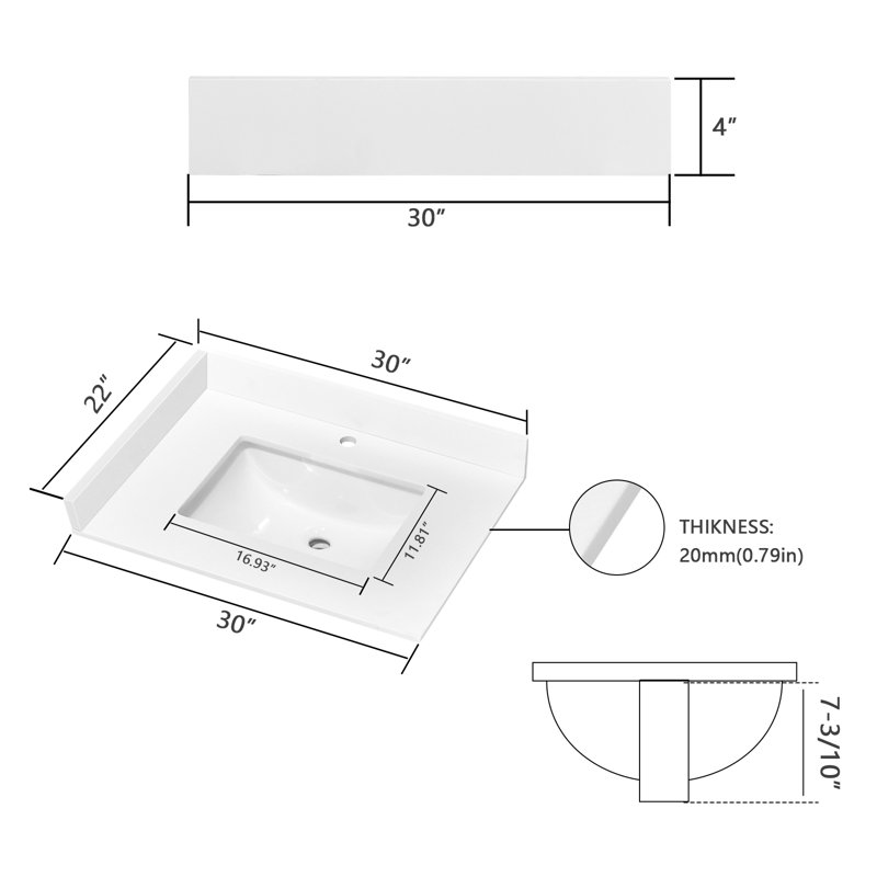 Plateau de meuble-lavabo simple 30 po en pierre de quartz avec lavabo - pour remplacement de meuble-lavabo, sans armoire