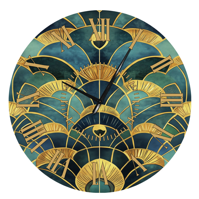 Horloge murale surdimensionnée en métal, motif éventail paon, bleu sarcelle doré, Surdimensionné