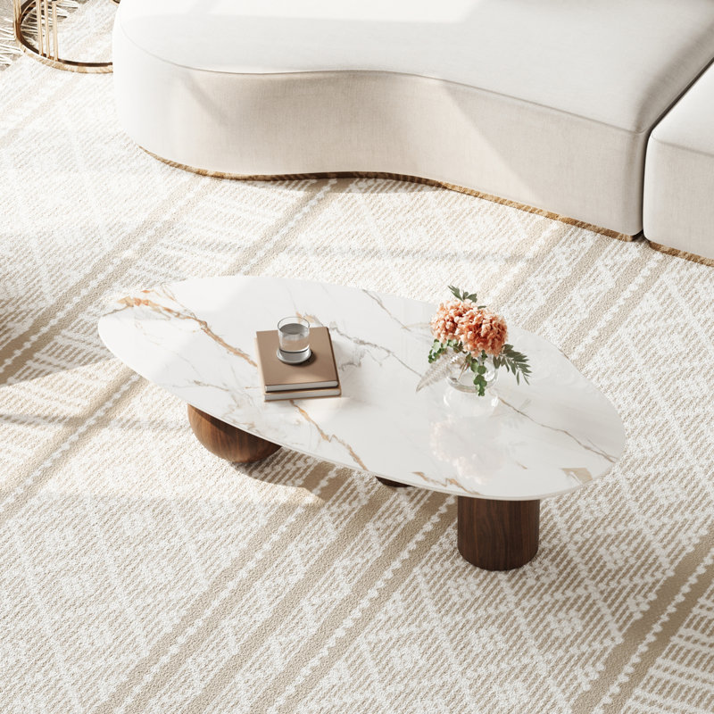 54'' Modern Coffee Table for Living Room, Stone Center Table with 3 Legs and White Sintered Stone Tabletop, White, Brown
