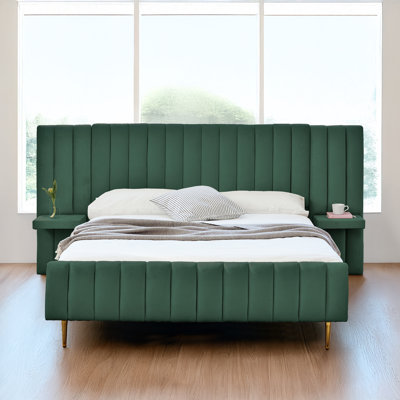 Velvet Upholstered Modern Platform Bed Set With Bedside Panel Nightstand, No Box Spring Needed