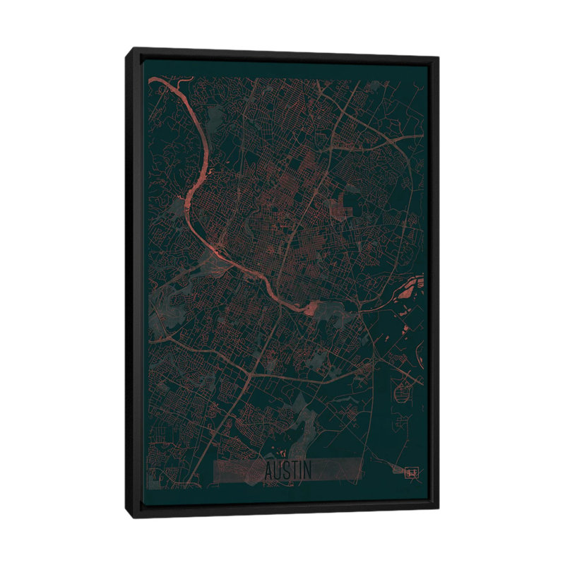 " Austin Infrared Urban Blueprint Map " by Hubert Roguski, 26" H x 18" W x 1.5" D, Black Framed Canvas, No Mat