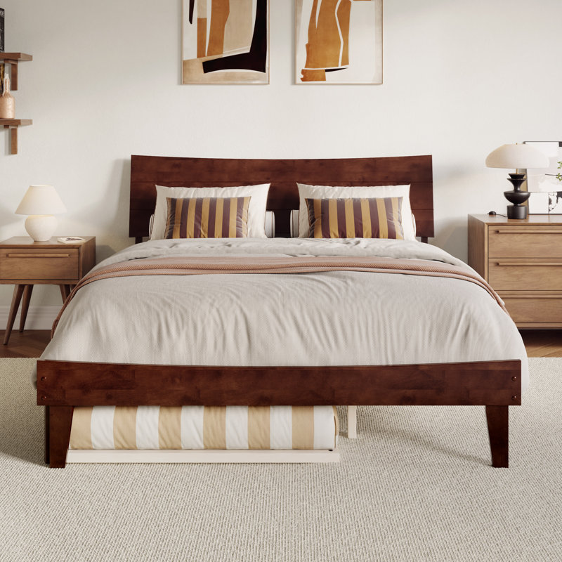 Phoenix Wood Platform Bed with Trundle, Walnut, Queen
