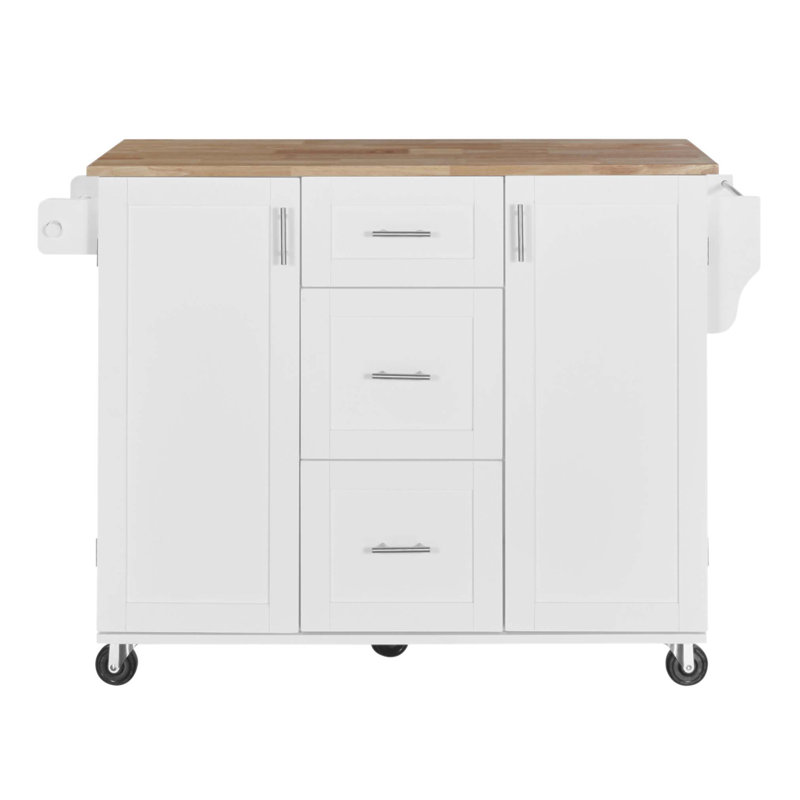 Rolling Kitchen Island with Storage, Spacious 3 Drawer and 2 Slide-Out Shelves, Rubber Wood Top, Mobile or Stationary Setup