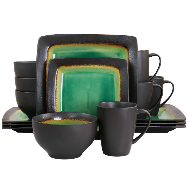 Green Floral Ceramic Square Dinnerware Set, Service for 4