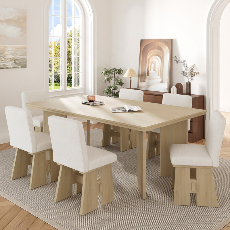 Modern 7-Piece Dining Table Set with 6 Upholstered Dining Chairs, Natural, Natural, Natural/Beige, Natural