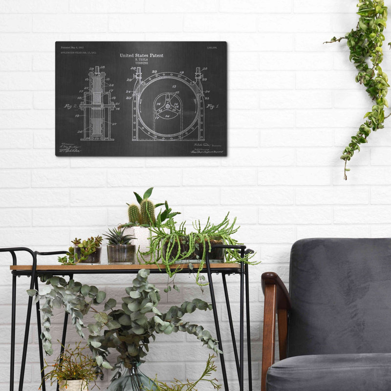 «Tesla Turbine Blueprint Vernis Chalkboard», art mural en métal, H 12 po x l 16 po