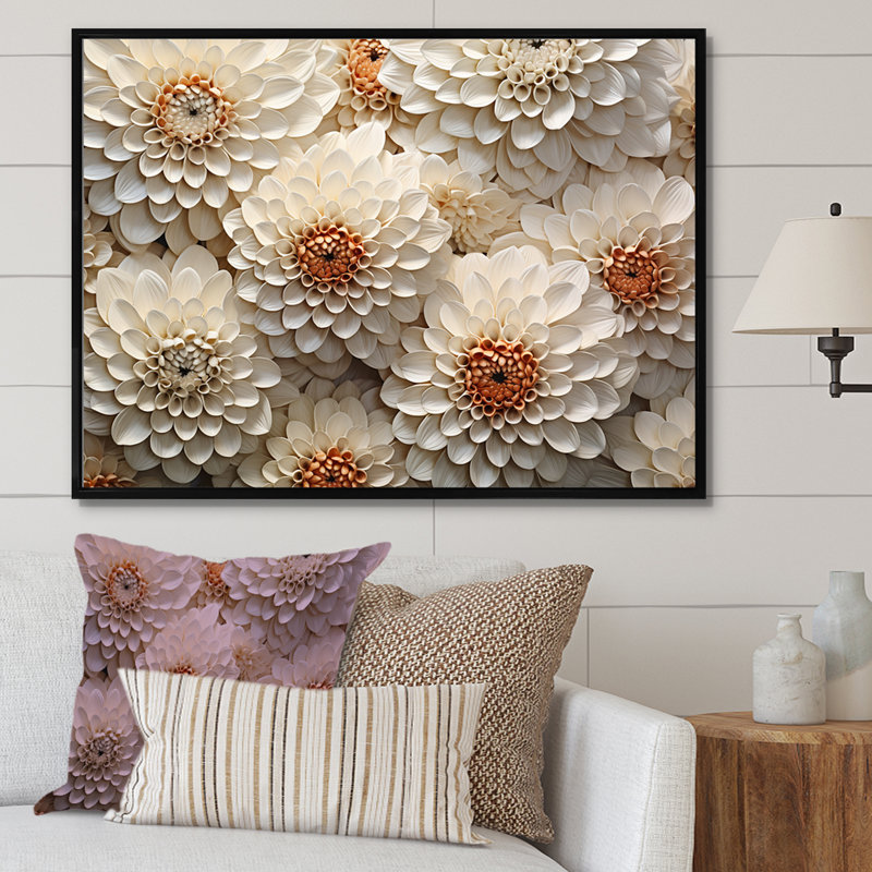 Minimalisme beige Zinnias Collage I sur toile, Cadre flottant noir, H 16 po x l 32 po