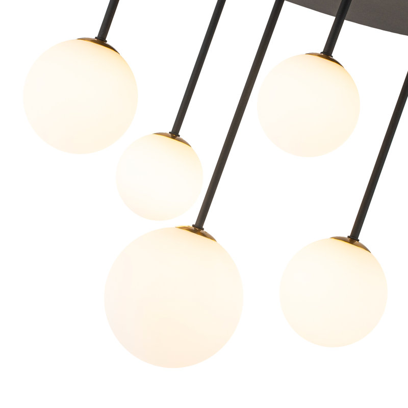 5-Light Semi-Flush Mount Ceiling Light, Modern Matte Black Frame With White Globe Glass Shades, Customizable Rod Configuration, UL Listed (Bulbs Not Included)