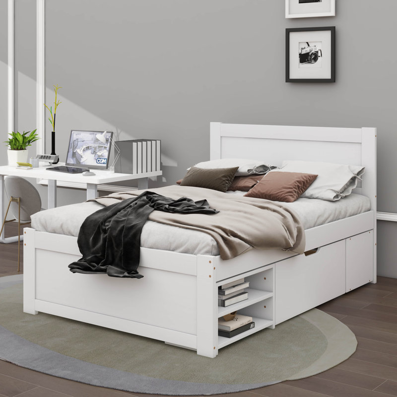 A Full-Sized Platform Bed With A Drawer And Two Shelves Incorporated, White