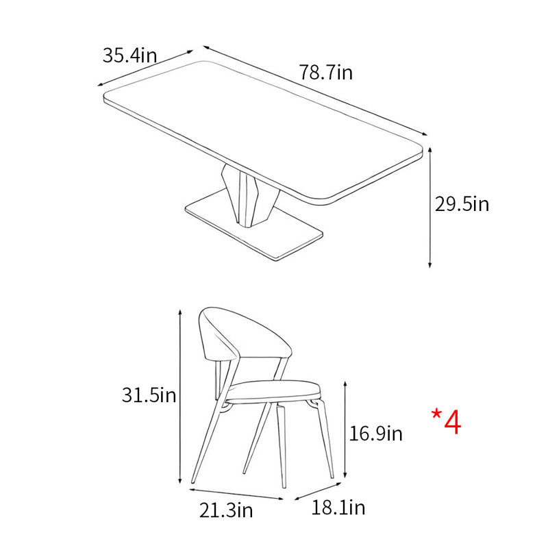 Modern simple rectangular dining table set, 29.5"H x 78.7"L x 35.4"W, Gold
